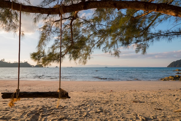 Photo berceau accrocher avec l'arbre sur la plage vue sur la mer.