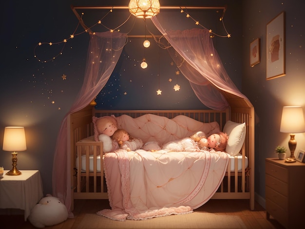 Un berceau pour bébé avec un auvent au-dessus du lit avec une lumière suspendue à celui-ci.
