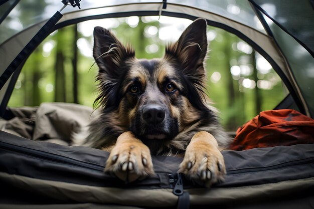 Un berger allemand allongé dans une tente en camping avec des animaux de compagnie