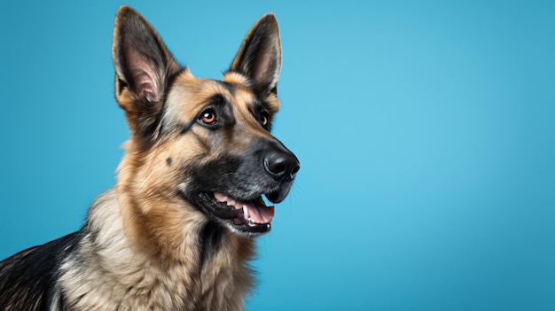 Un berger allemand assis devant un fond bleu