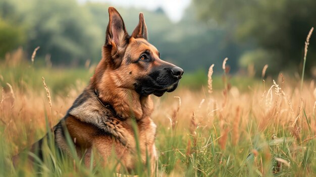 Un berger allemand en patrouille dans un champ herbeux