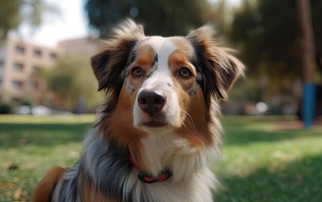 Un berger australien est assis sur l'herbe dans le parc.