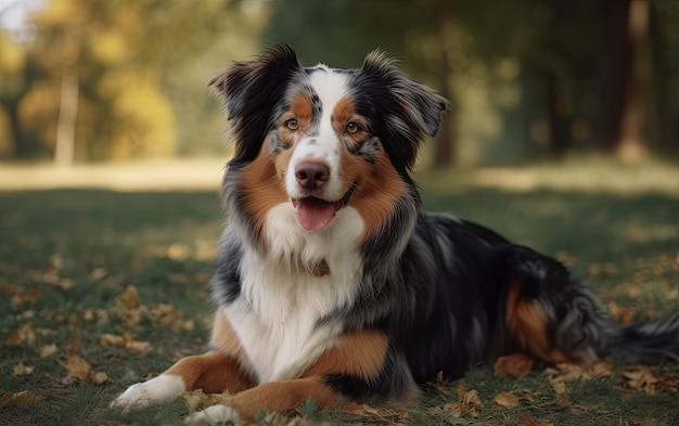 Un berger australien est assis sur l'herbe dans le parc.