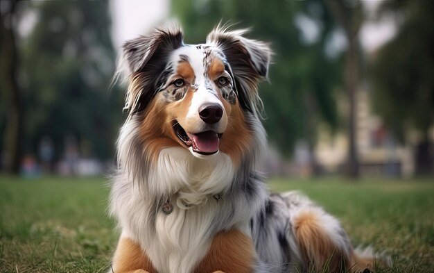 Un berger australien est assis sur l'herbe dans le parc.