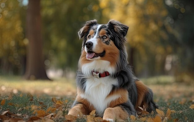 Un berger australien est assis sur l'herbe dans le parc.