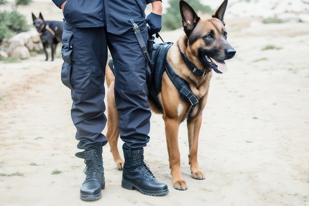 Berger Belge Malinois gardant la frontière avec un garde-frontière Generative AI