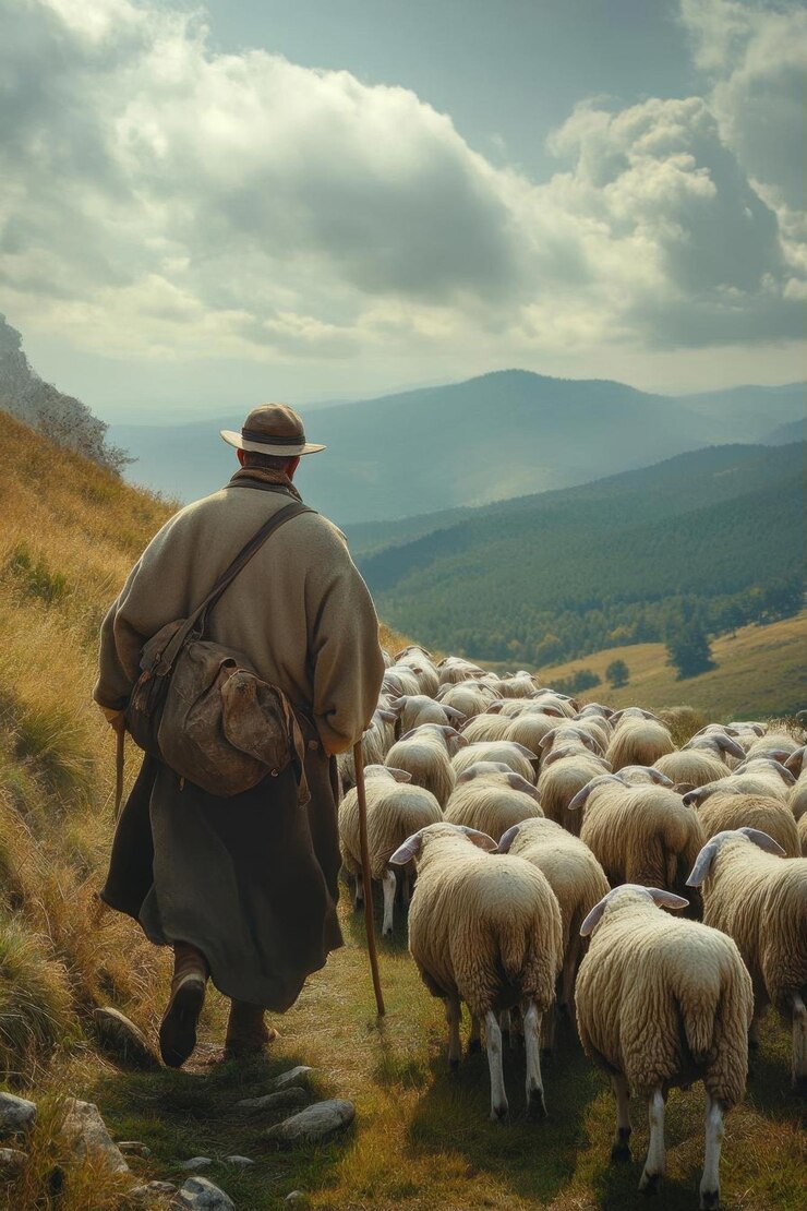 Photo un berger conduit des brebis à travers un paysage montagneux image réaliste