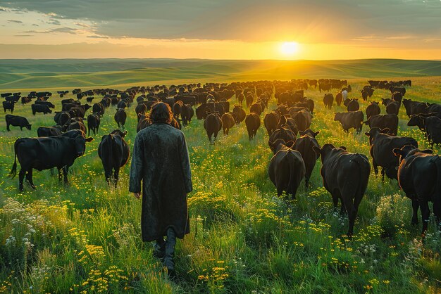 Un berger dans un champ de vaches Les vaches sont noires et le ciel est orange