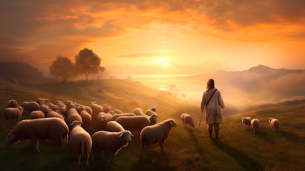 Berger Jésus-Christ prenant soin de l'agneau et d'un troupeau de moutons sur le pré avec un paysage de lever de soleil en hausse brillante AI générative