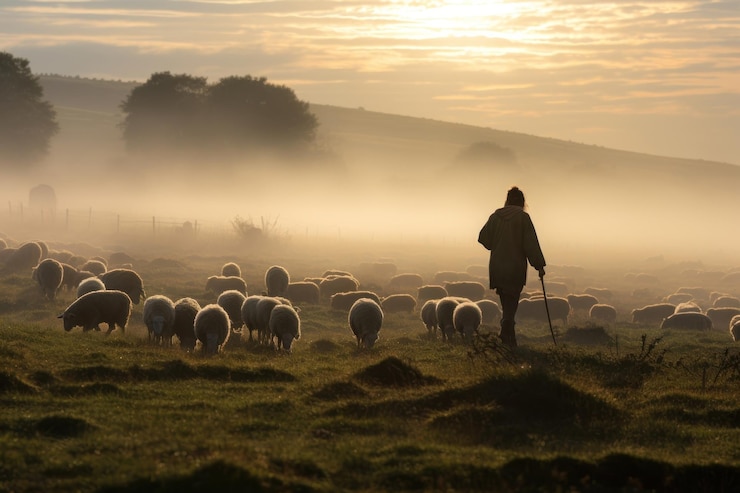 Photo berger qui guide les moutons et le bétail des prairies