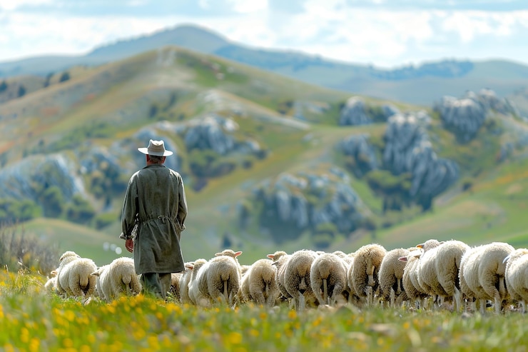 Photo le berger s'occupe des moutons à la campagne
