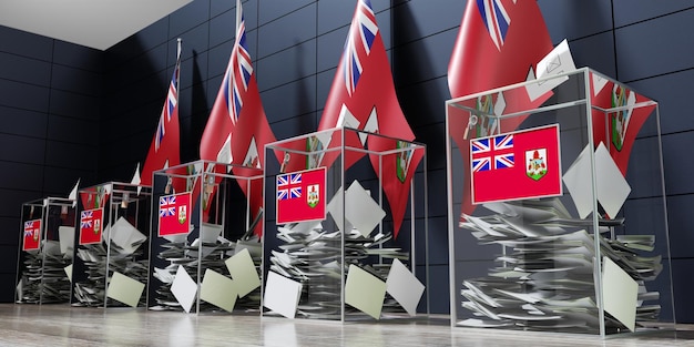 Bermudes plusieurs urnes et drapeaux votant le concept d'élection illustration 3D