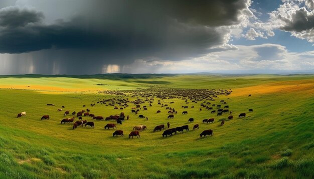 Le bétail broute à l'horizon des prairies au-dessus des terres générées par l'IA