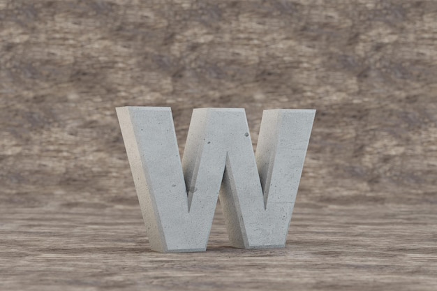 Béton 3d lettre W minuscule. Lettre en pierre dure sur fond en bois. Alphabet concret avec des imperfections. Caractère de police rendu 3D.