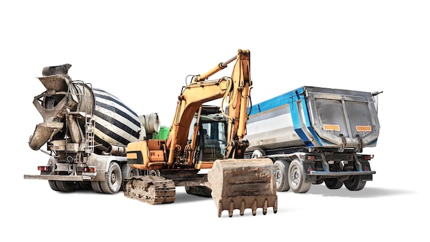 Photo bétonnière camion à benne basculante et chargeur de pelle sur chenilles gros plan sur un fond blanc isolééquipement de construction pour les travaux de terrassement location d'élément d'équipement de construction pour la conception