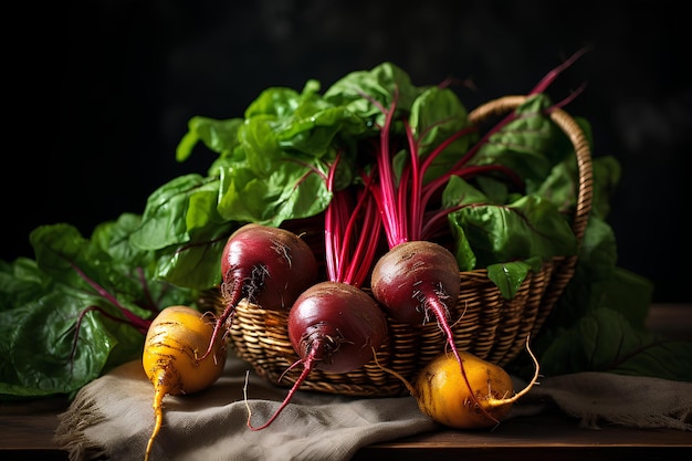 Betteraves dans un panier avec des feuilles et des légumes verts sur la table