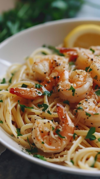 Photo le beurre d'ail au citron, les crevettes scampi avec l'illustration alimentaire de la linguine