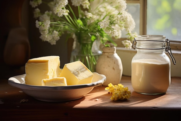 Le beurre d'Artal, le lait frais, une campagne sereine avec la lumière du matin et le printemps.