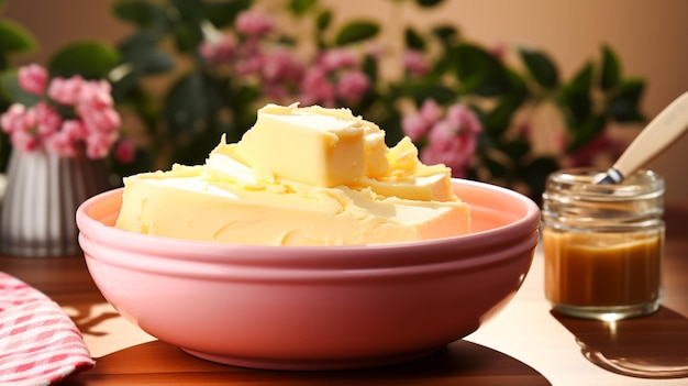 Beurre fait maison dans un bol sur fond rose