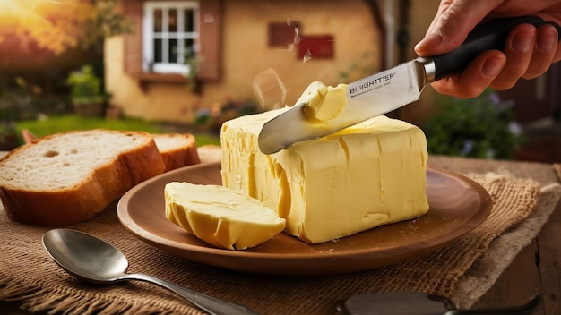 Photo beurre frais coupé au couteau sur assiette en bois et pain