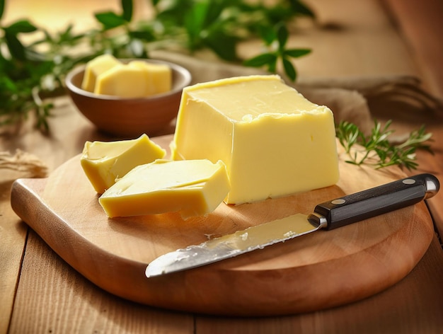beurre frais coupé en morceaux et persil sur la plaque de bois généré ai