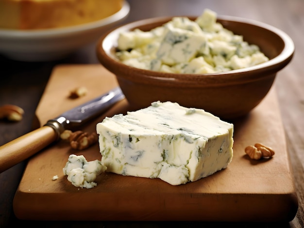 Beurre de steak au fromage bleu sur une planche à découper en bois Gros plan de briques de beurre au fromage bleu faites maison