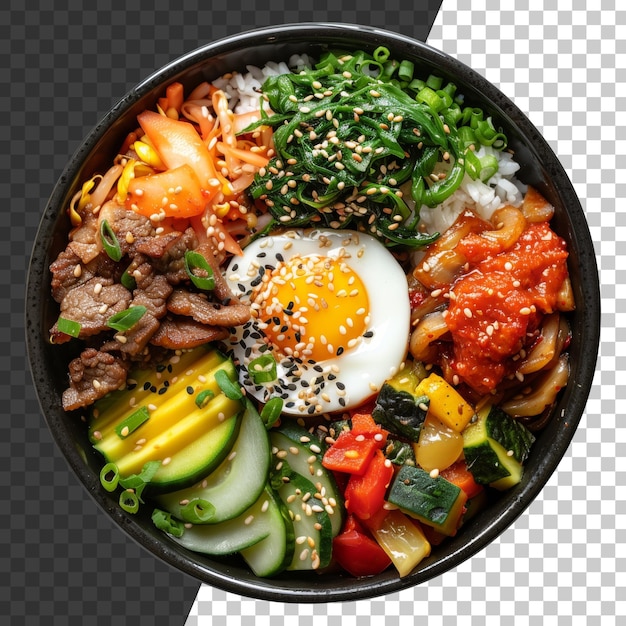 Bibimbap coréen coloré avec des légumes assortis de bœufs et des œufs frits sur fond transparent png