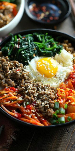 Photo bibimbap coréen avec du kimchi et des œufs