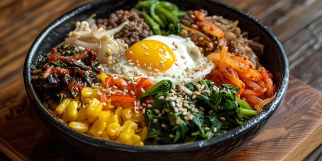 Photo bibimbap coréen avec œufs et légumes dans un bol noir