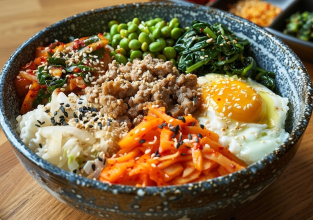 Photo bibimbap coréen avec œufs et légumes