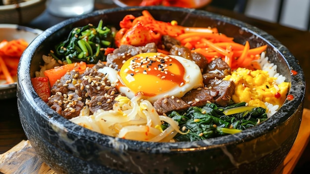 Bibimbap coréen traditionnel dans un bol de pierre chaude avec des légumes, des œufs de bœuf et de la sauce Gochujang épicée