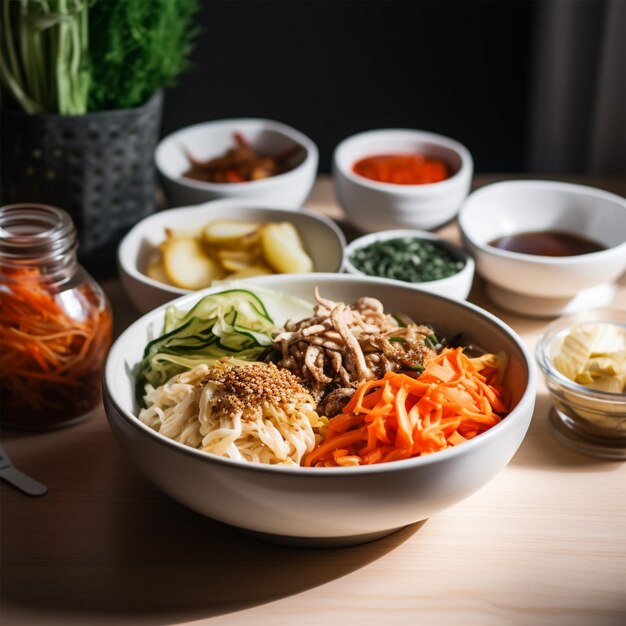 Bibimbap Kimchi Une nourriture délicieuse Arrière-plan blanc