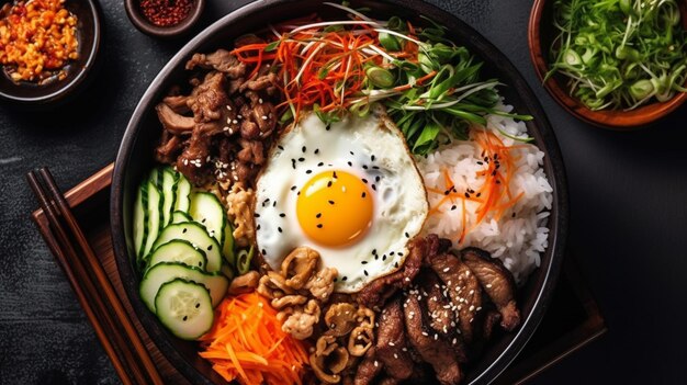 Bibimbap, plat coréen traditionnel au riz avec des légumes et du bœuf