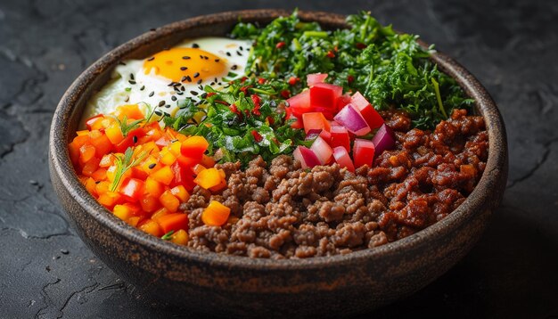 Bibimbap riz coréen mélangé avec de la viande et des légumes variés