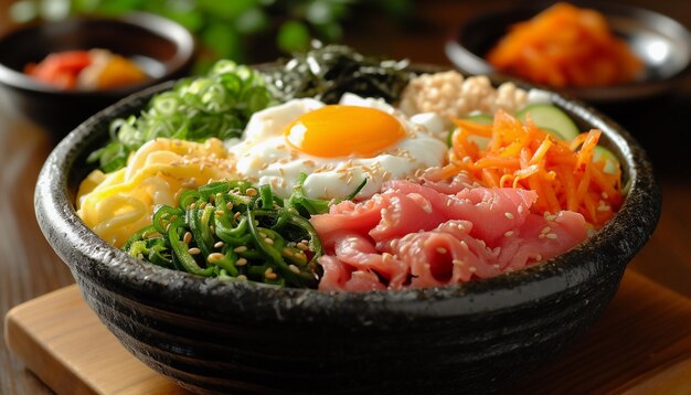 Bibimbap riz coréen mélangé avec de la viande et des légumes variés