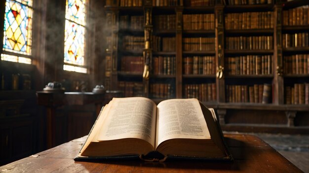 Une Bible ancienne est posée sur une table d'une bibliothèque.