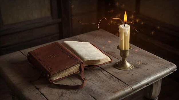 Bible et bougie sur une vieille table en bois de chêne