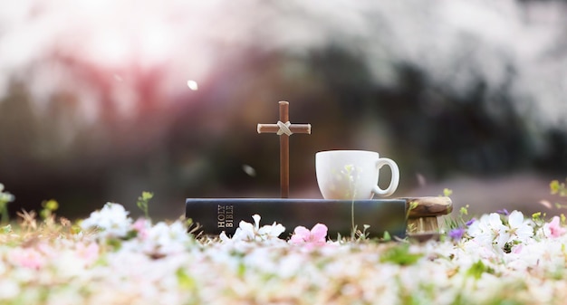 Une bible et une croix sur une pelouse fleurie