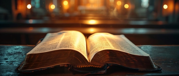 Une Bible litup est ouverte et rayonne une douce lueur à l'intérieur d'une église