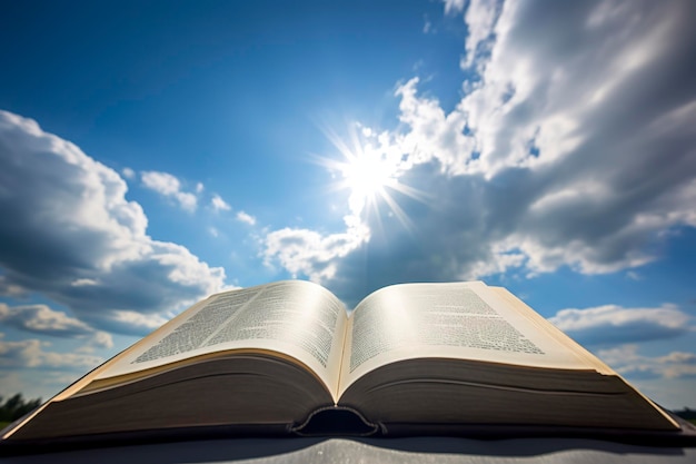 Photo bible à livre ouvert sur fond de bois les promesses de dieu en plein air dans la vie quotidienne génèrent de l'ai