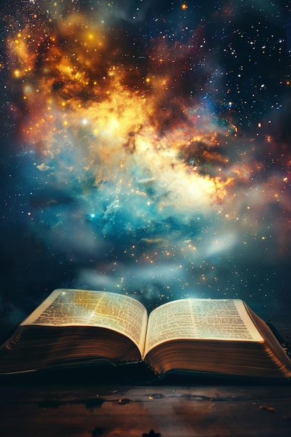 Bible ouverte sur le fond du ciel cosmique IA générative