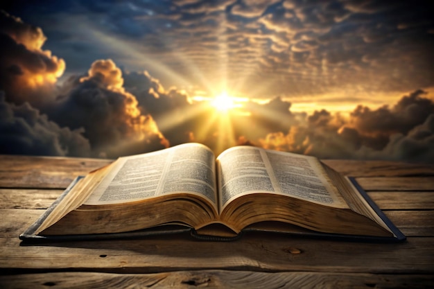 une bible ouverte avec une lumière qui brille dessus