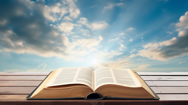 Bible ouverte sur un seuil de fenêtre avec un fond de ciel