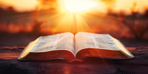 Photo une bible ouverte sur une table en bois avec un coucher de soleil en arrière-plan