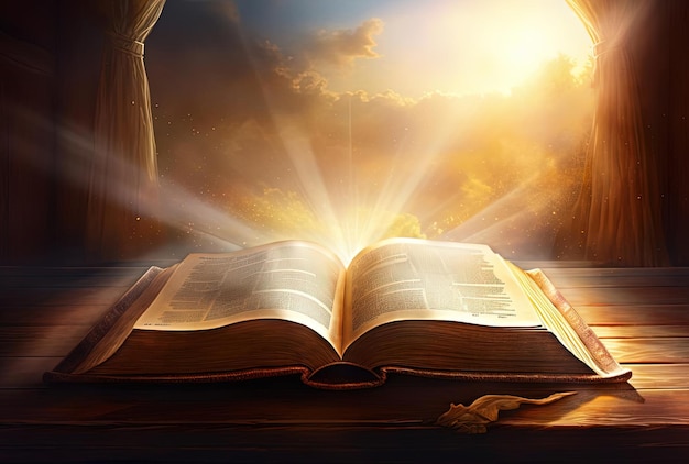 bible ouverte sur une table avec un point lumineux