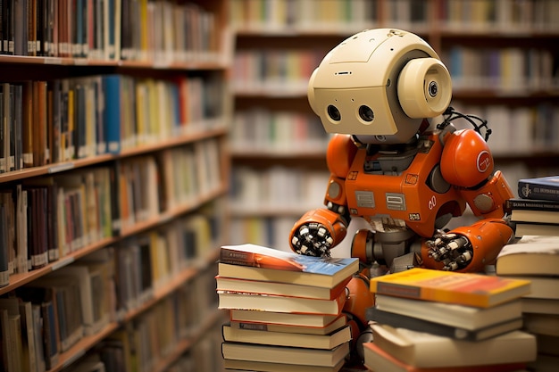 Une bibliothécaire robot organisant une foire du livre pour l'alphabétisation