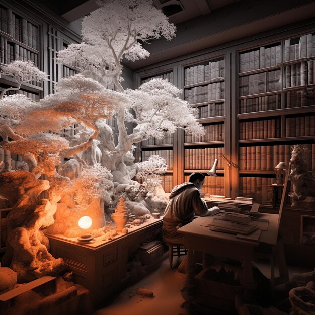 une bibliothèque avec un arbre dessus et un livre devant elle