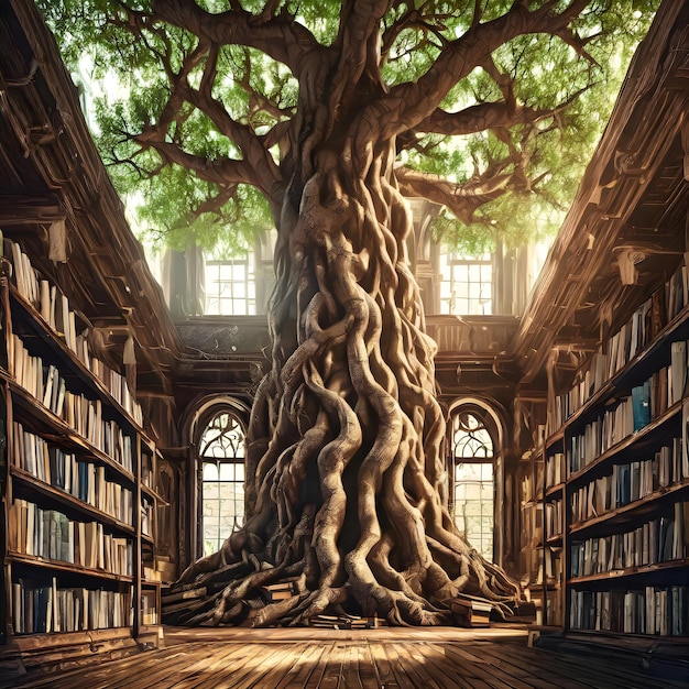 une bibliothèque avec un arbre qui en pousse