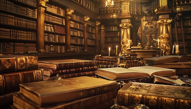 Une bibliothèque avec beaucoup de livres et de bougies sur une table