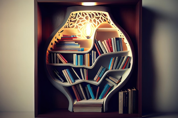 Bibliothèque en bois 3d en forme d'ampoule Generative Ai